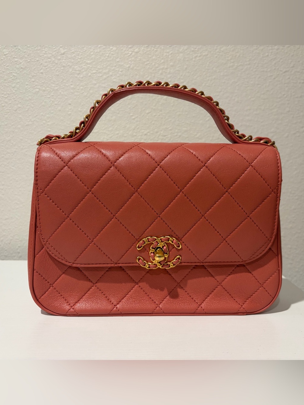 CHANEL Quilted Top Handle Satchel in Coral